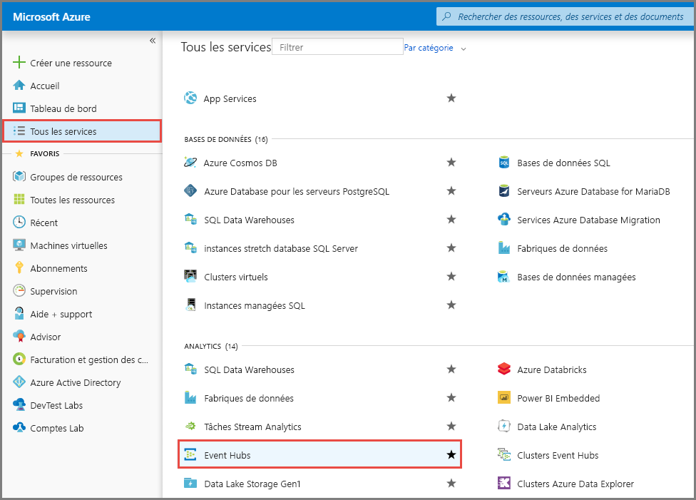Capture d’écran montrant la sélection d’Event Hubs dans la page Tous les services.