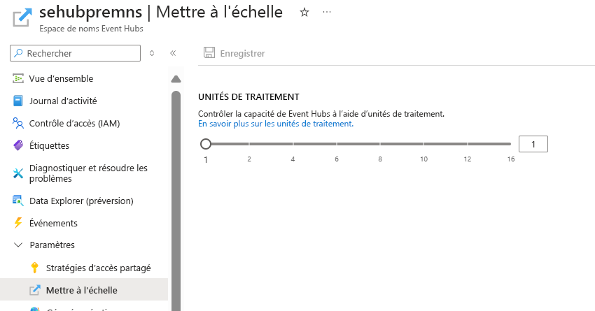 Capture d’écran de la page Mise à l’échelle d’un espace de noms Premium existant avec des unités de traitement configurées.