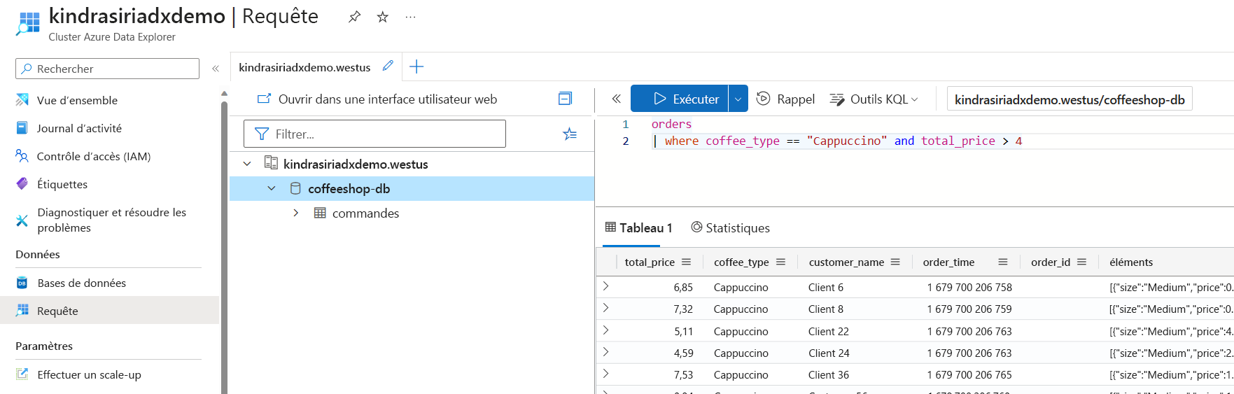 Diagramme montrant une requête et une sortie d’Azure Data Explorer.