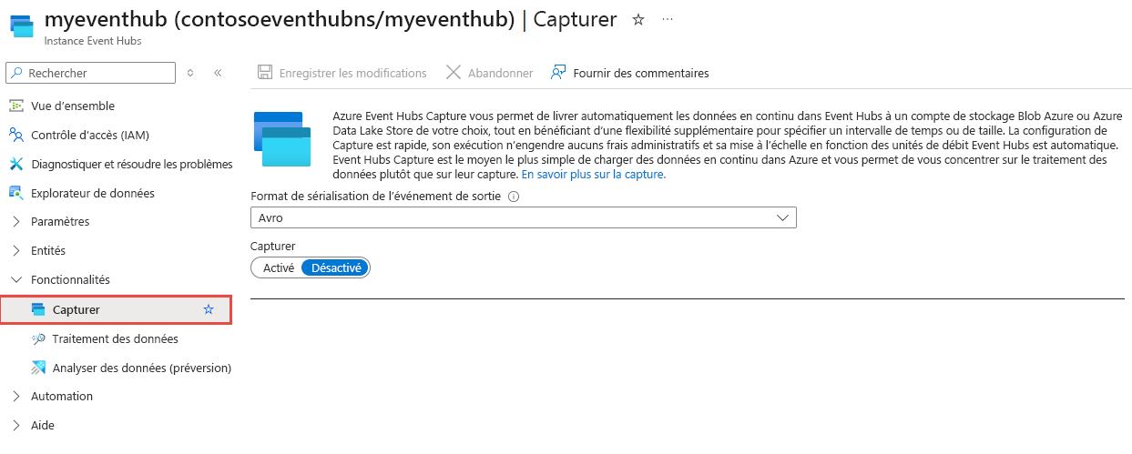 Capture d’écran montrant la page Capture de votre Event Hub.