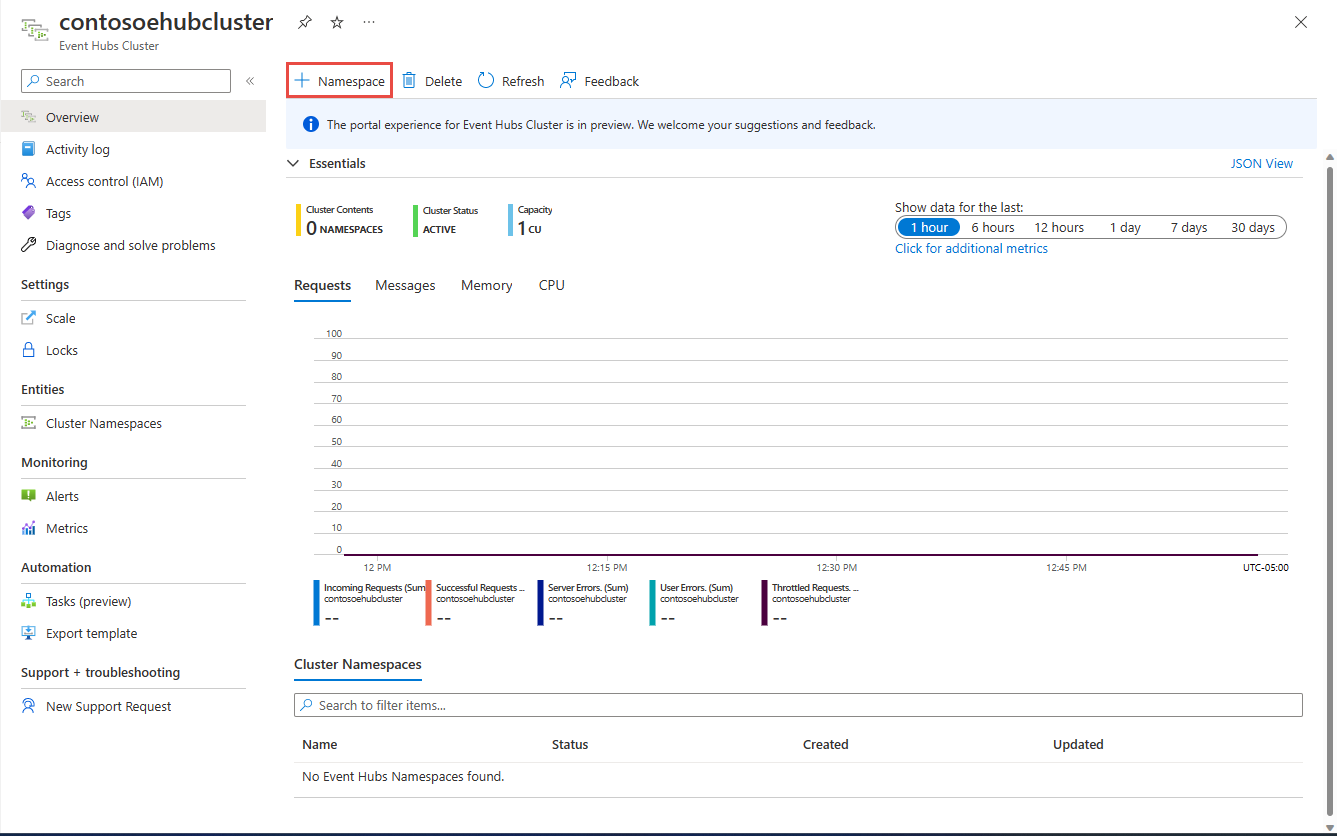 Image montrant la page de gestion de cluster - Bouton Ajouter un espace de noms.