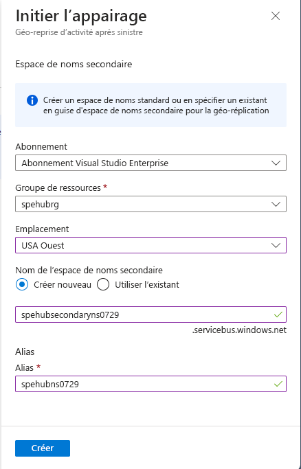 Capture d’écran montrant la sélection de l’espace de noms secondaire pour le jumelage.