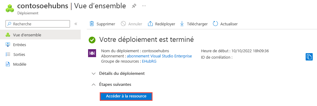 Capture d’écran de la page Déploiement terminé avec le lien vers la ressource.