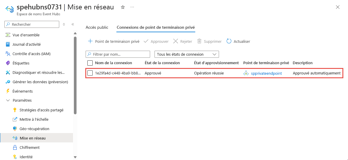 Capture d’écran montrant la page « Connexions des points de terminaison privés » avec le point de terminaison privé nouvellement créé.