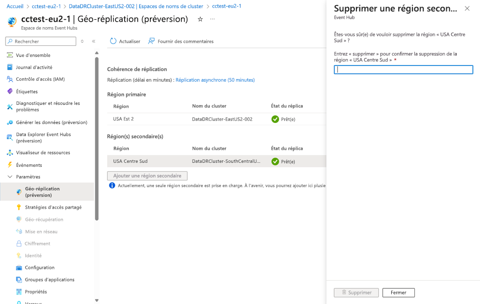 Capture d’écran de la fonction Supprimer le secondaire dans l’interface utilisateur de géo-réplication.