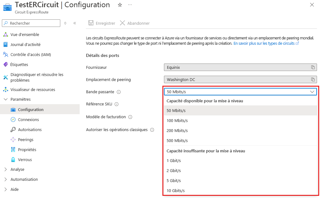 Capture d’écran de la mise à niveau de la bande passante disponible pour un circuit ExpressRoute.
