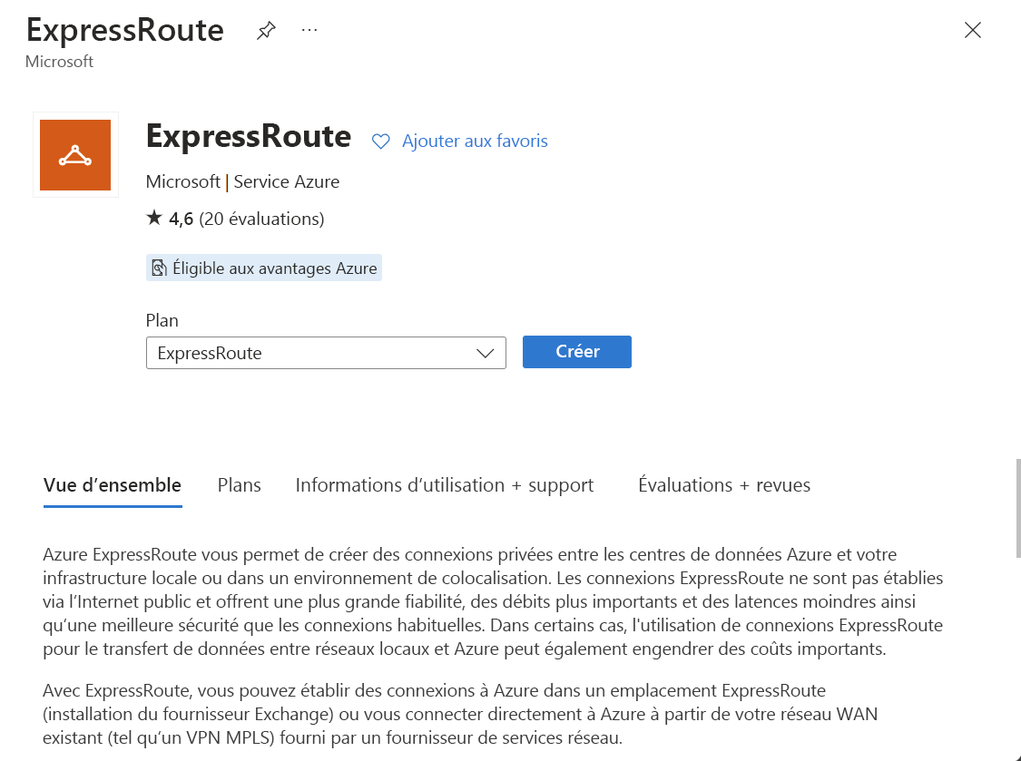 Capture d’écran de la création d’une ressource de circuit ExpressRoute.