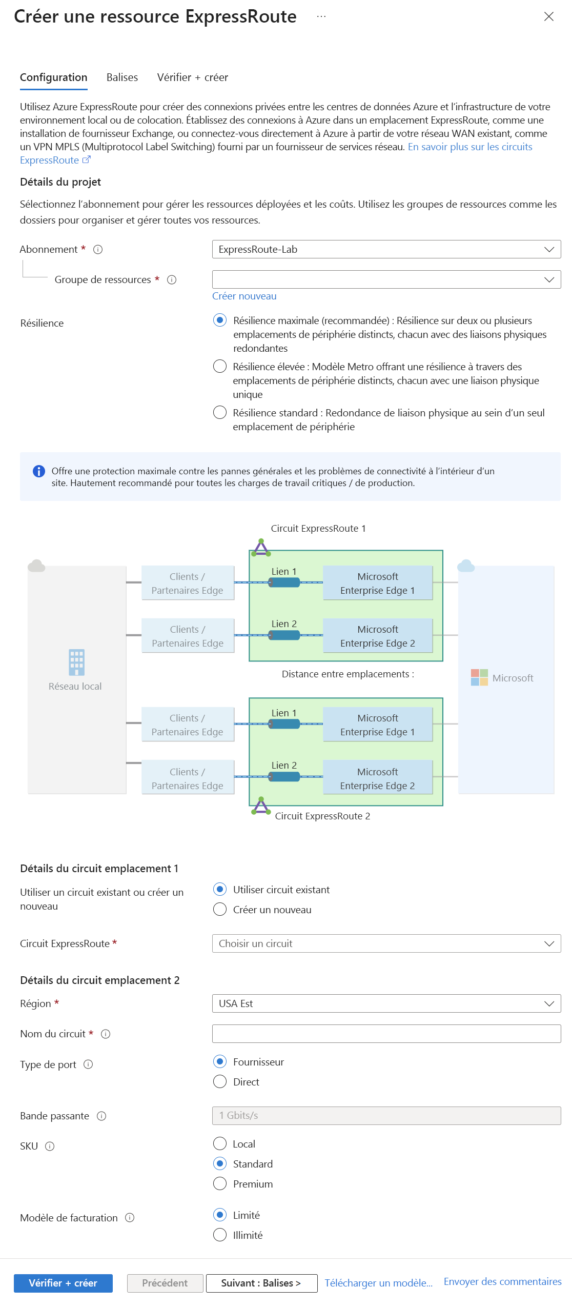 Capture d’écran de la nouvelle page de configuration du circuit ExpressRoute.