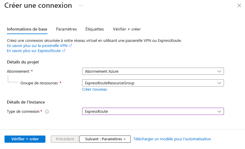 Capture d’écran de la page d’informations de base pour créer une connexion.