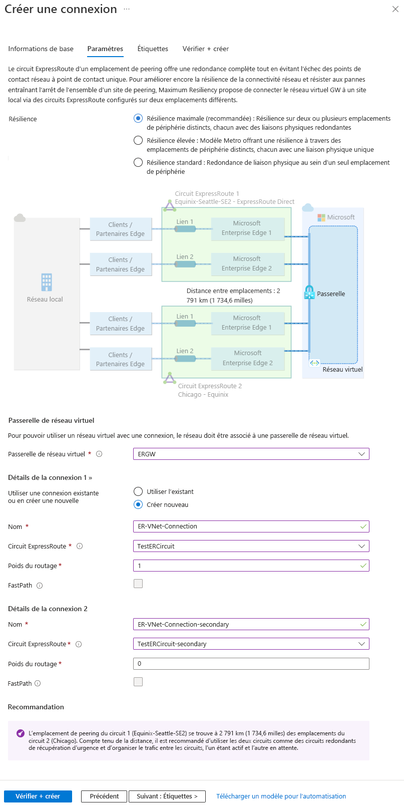 Capture d’écran de la page des paramètres pour maximiser la résilience des connexions ExpressRoute à une passerelle de réseau virtuel.