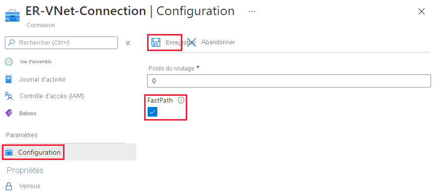 Capture d’écran de la case à cocher FastPath dans la page Configuration de la connexion.