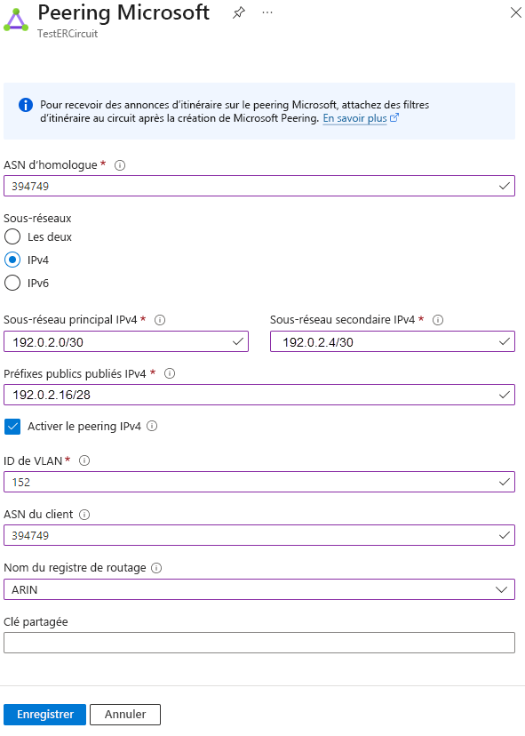 Capture d’écran montrant la configuration du peering Microsoft.