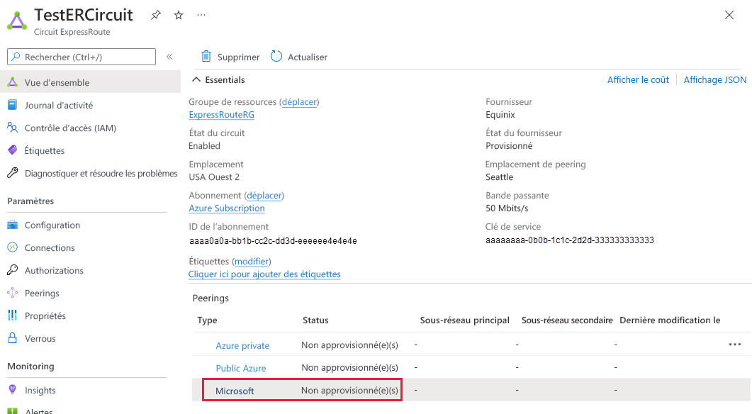 Capture d’écran montrant comment sélectionner la ligne de peering Microsoft.