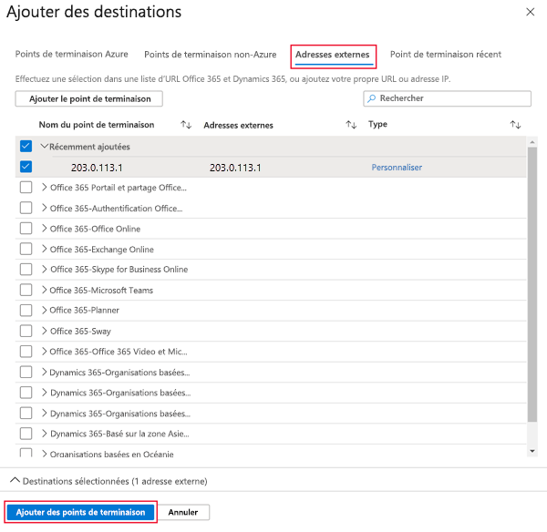 Capture d’écran de l’ajout de points de terminaison de destination externes.