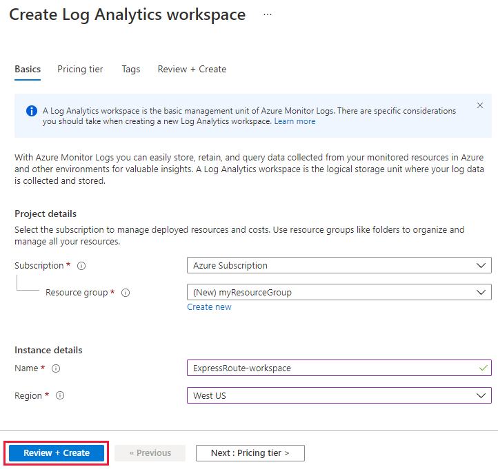 Capture d’écran de l’onglet Informations de base de la page Créer un espace de travail Log Analytics.