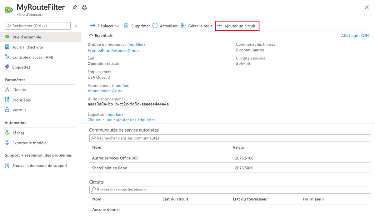 Capture d’écran montrant la page Vue d’ensemble avec l’action Ajouter un circuit sélectionnée.