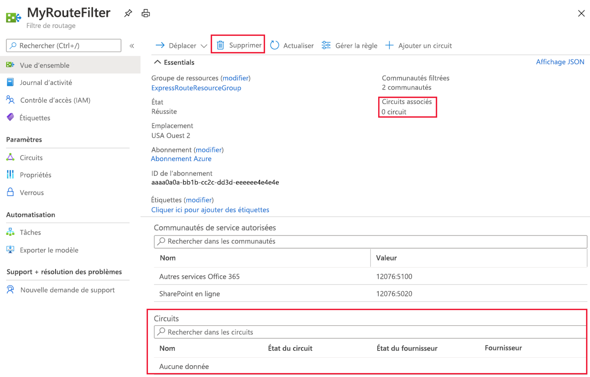 Capture d’écran montrant comment supprimer un filtre de routage.