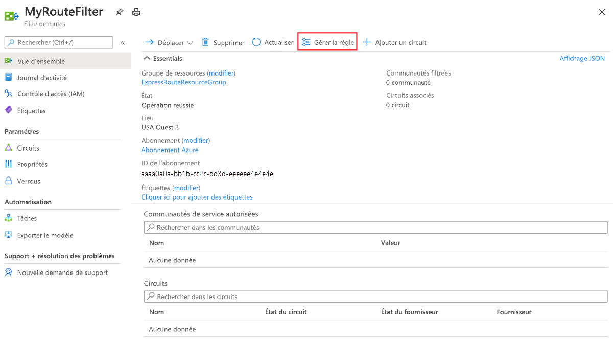 Capture d’écran montrant la page Vue d’ensemble avec l’action Gérer la règle mise en évidence.