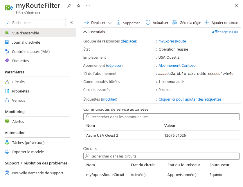 Capture d’écran de la page de vue d’ensemble du filtre de routage.