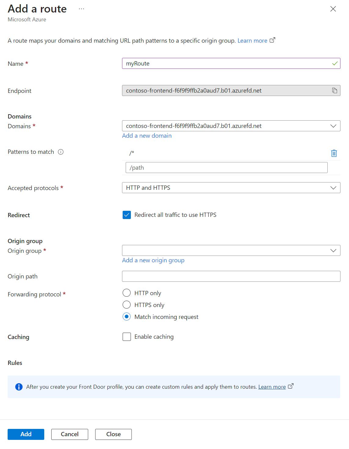 Capture d’écran montrant la page de routage ajoutée pour un nouveau profil Azure Front Door.