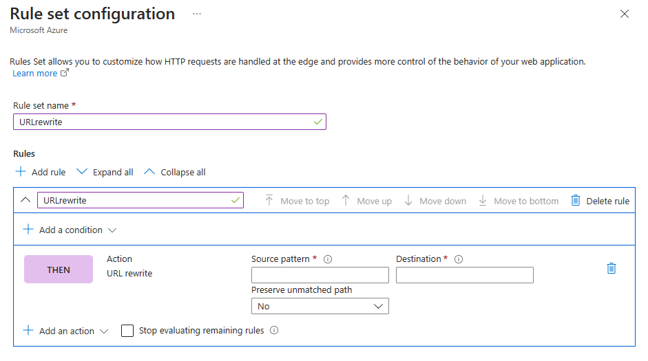 Capture d’écran de l’action de réécriture d’URL dans une configuration d’ensemble de règles.