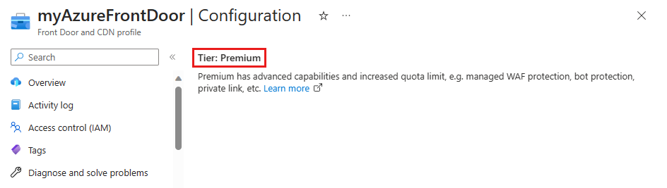 Capture d’écran du niveau de service Azure Front Door mis à jour vers Premium dans la page de configuration.