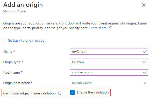 Capture d’écran de la case à cocher validation du nom de l’objet du certificat.