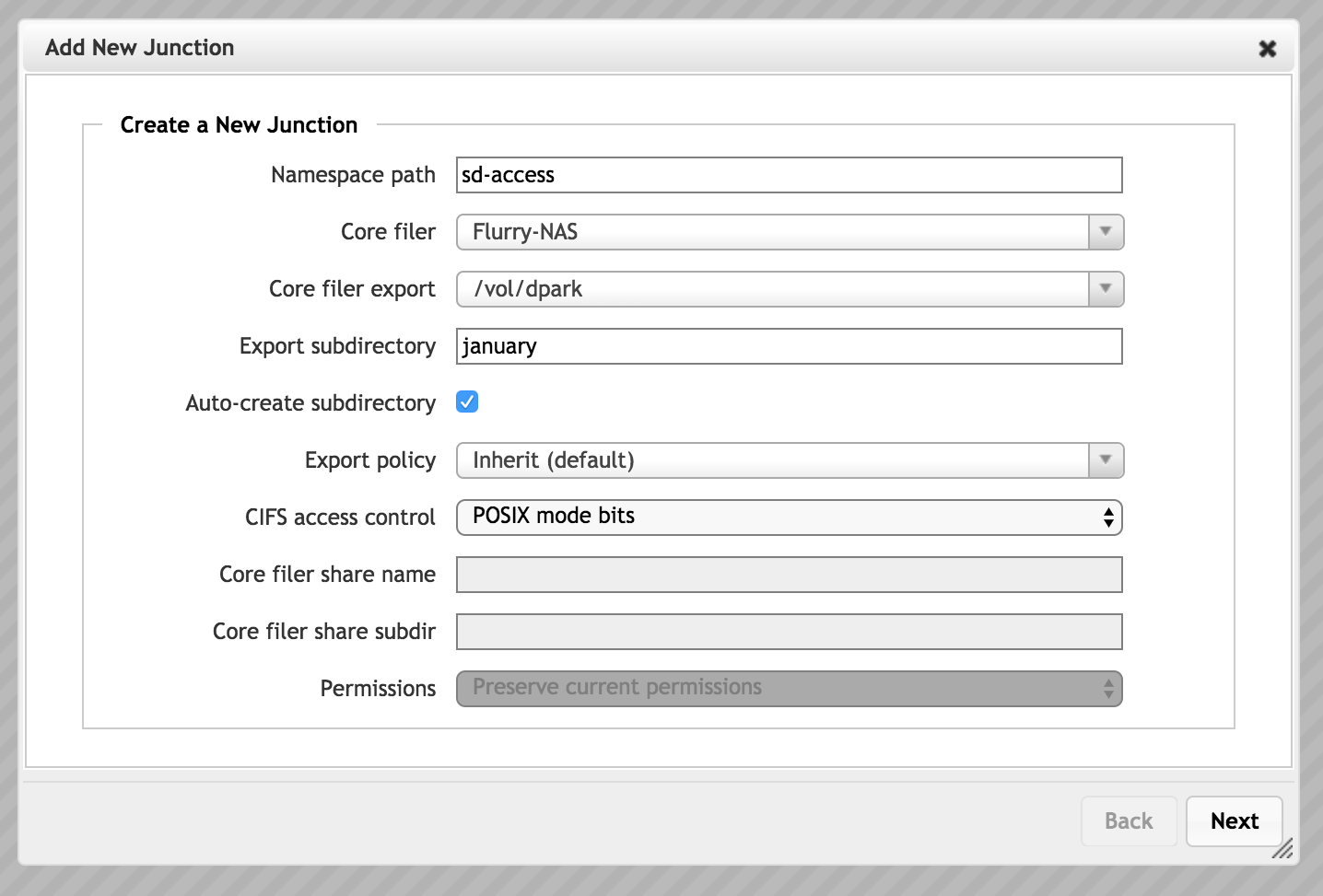 Page de l’Assistant Add New Junction avec les paramètres définis