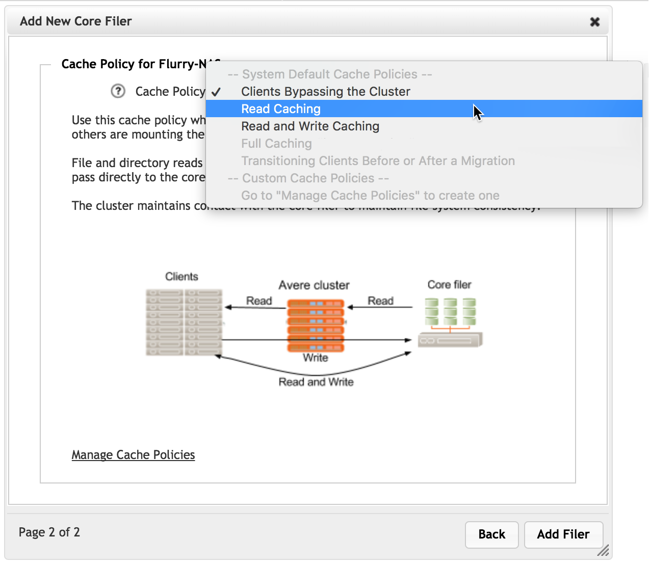 Deuxième page de l’Assistant d’ajout d’un nouveau core filer pour un NAS matériel. Le menu déroulant des stratégies de cache est développé ; il affiche plusieurs options désactivées et trois options de stratégie de cache valides (contournement, mise en cache en lecture et mise en cache en lecture/écriture).