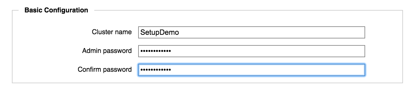 Détail de la section « Configuration de base » dans la page de l’interface graphique utilisateur du navigateur. Elle affiche trois champs (nom du cluster, mot de passe de l’administrateur, confirmer le mot de passe)