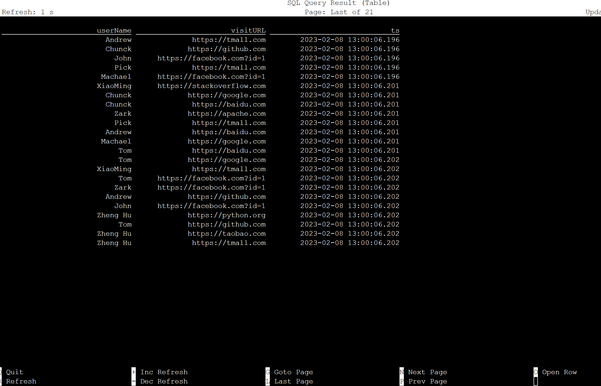 Capture d’écran montrant la procédure de supervision de la date de table sur Flink SQL.