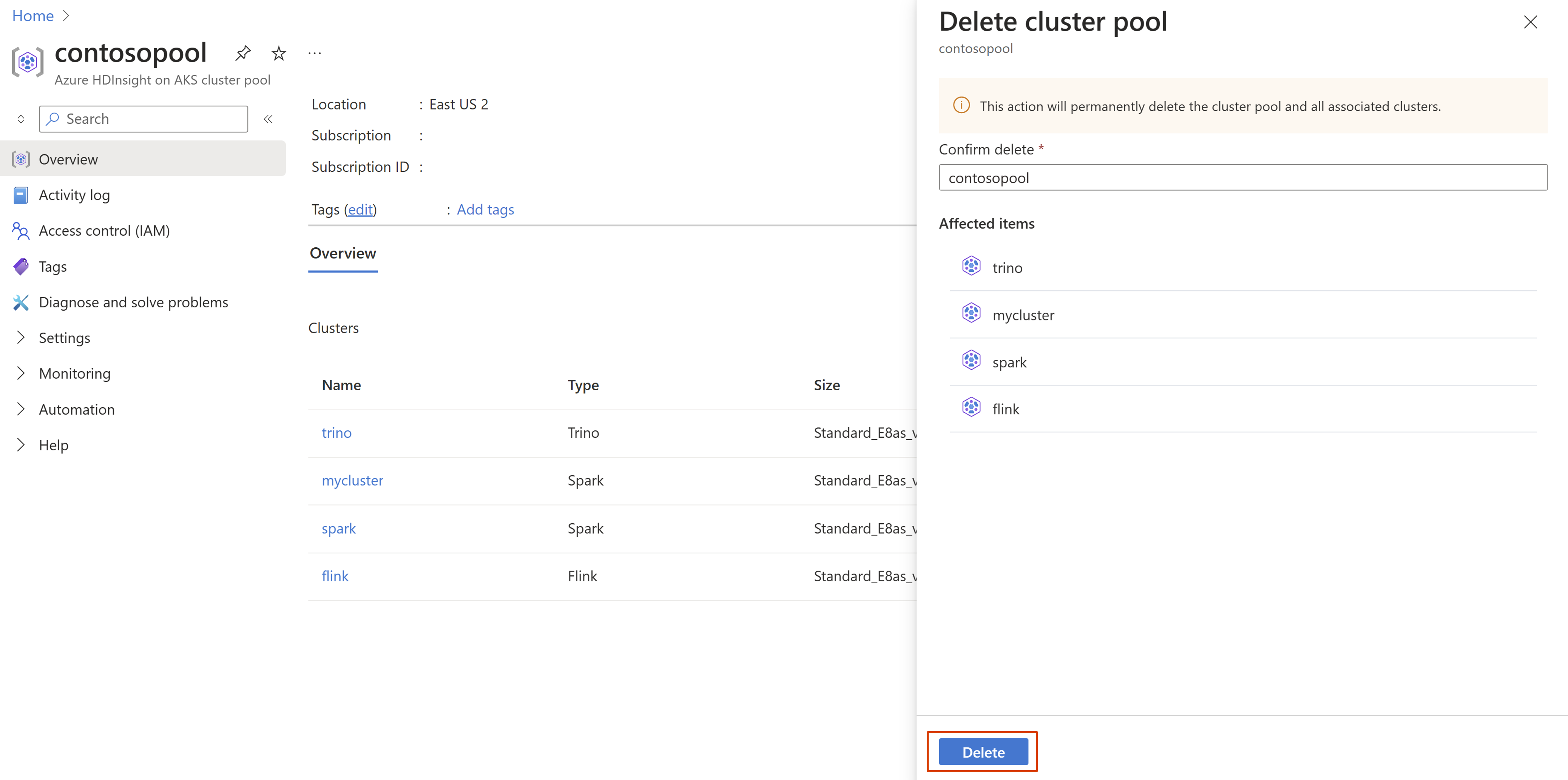 Capture d’écran montrant comment supprimer un pool de clusters et comment mettre à jour le nom du pool de clusters une fois que vous avez cliqué sur supprimer.