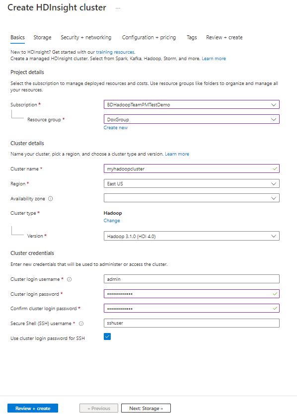 Capture d’écran montrant les notions de base de la création d’un cluster dans HDInsight 4.0.