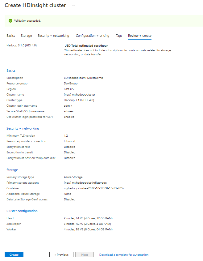 Capture d’écran montrant le récapitulatif de la création d’un cluster dans HDInsight 4.0.