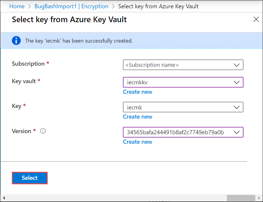 Capture de l’écran « Sélectionner une clé dans Azure Key Vault » avec des exemples de paramètres. Le bouton Sélectionner est mis en évidence.