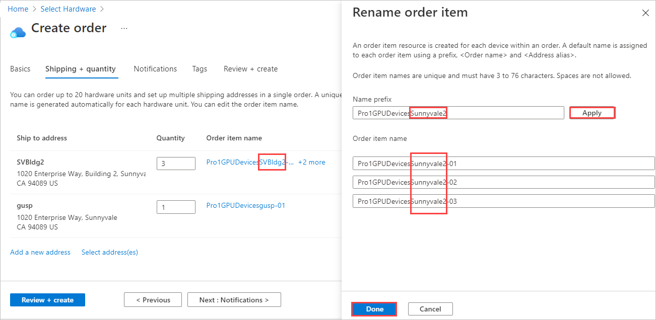 Capture d’écran montrant comment renommer les articles de commande pour une commande Azure Edge Hardware Center