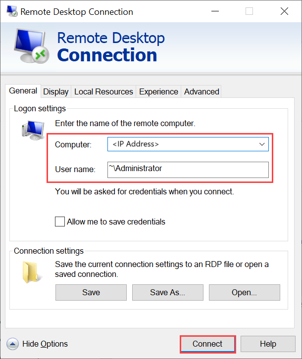 Capture d’écran du volet Connexion Bureau à distance pour la connexion via RDP à votre machine virtuelle Windows.