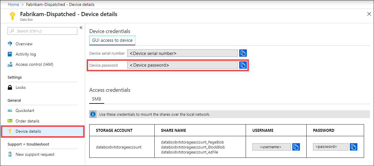 Capture d’écran des détails d’un appareil Data Box dans le portail Azure. L’élément de menu Détails de l’appareil et l’option Mot de passe de l’appareil sont mis en surbrillance.