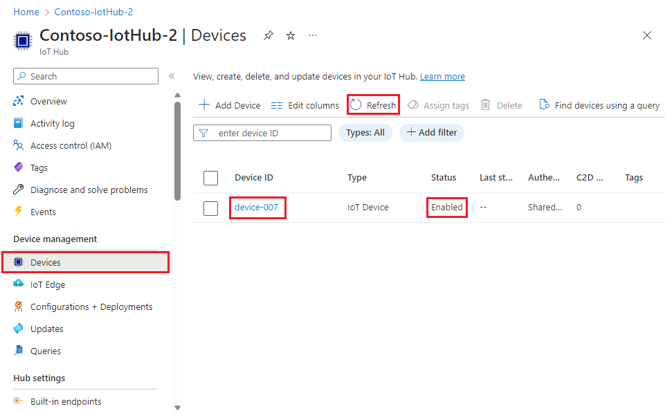 Capture d’écran montrant que l’appareil est inscrit auprès du hub IoT et activé pour l’exemple C.