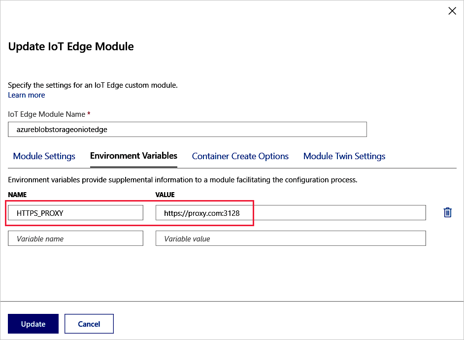 Capture d’écran montrant le volet Mettre à jour le module IoT Edge dans lequel vous pouvez entrer les valeurs spécifiées.