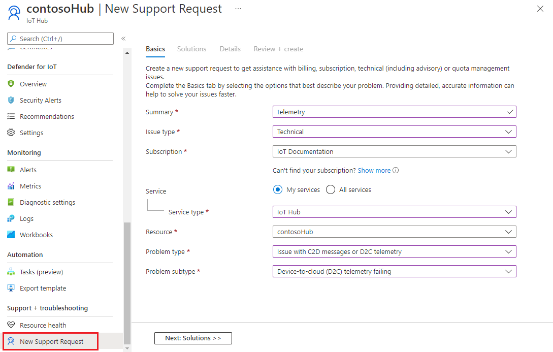 Capture d’écran montrant la sélection d’un problème dans une demande de support sur le portail Azure.