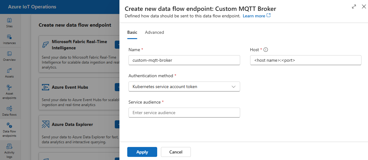 Capture d’écran de l’utilisation de l’expérience des opérations pour créer un point de terminaison d’Agent MQTT personnalisé.