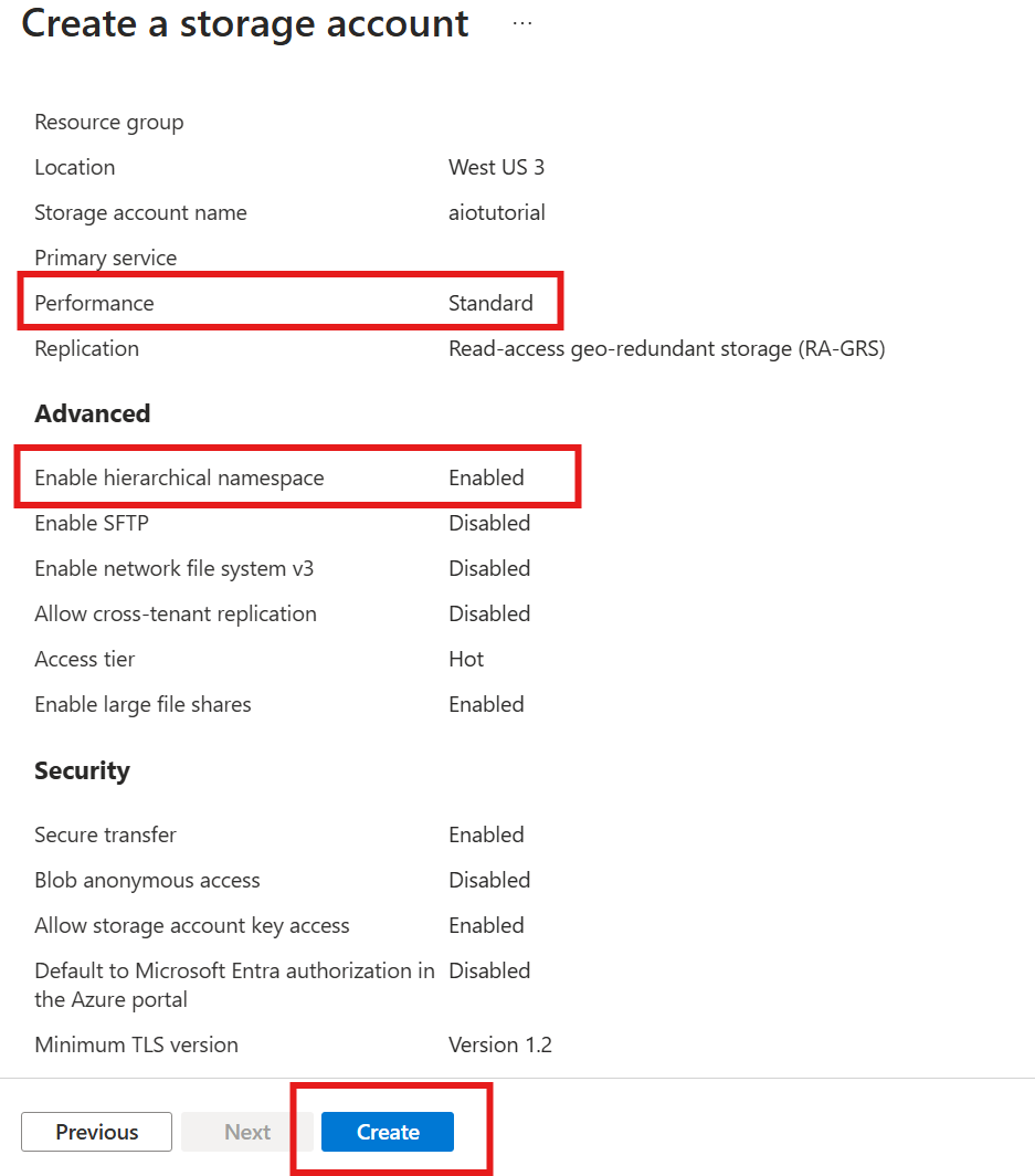 Capture d’écran montrant la page de révision pour la création du compte de stockage avec un espace de noms hiérarchique activé.