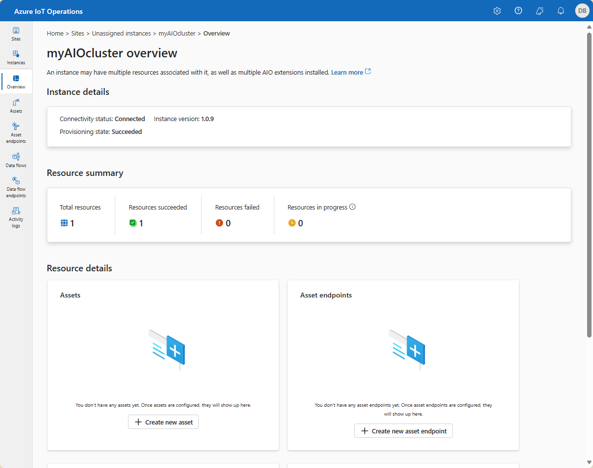 Capture d’écran montrant la page de présentation d’une instance dans l’expérience Opérations.