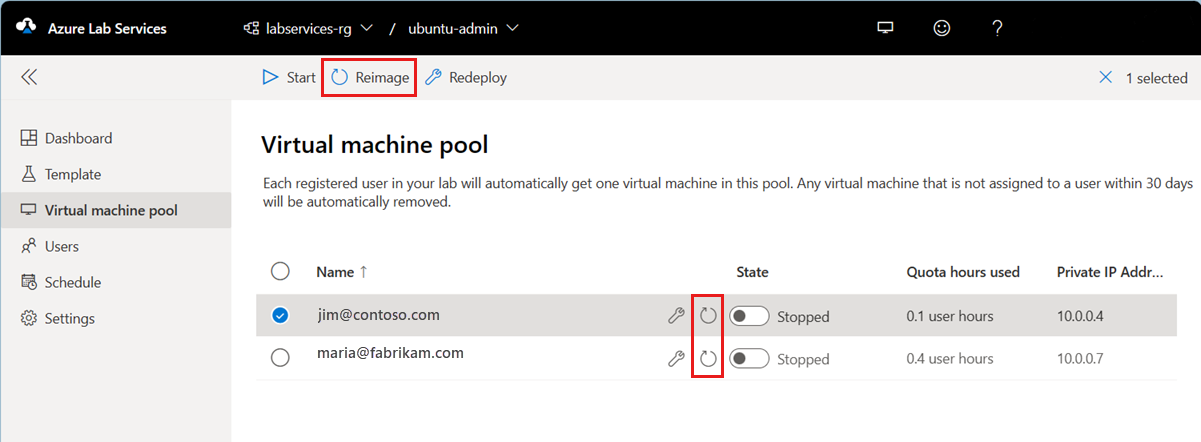 Capture d'écran d’un pool de machines virtuelles. Le bouton Réinitialiser est mis en évidence.