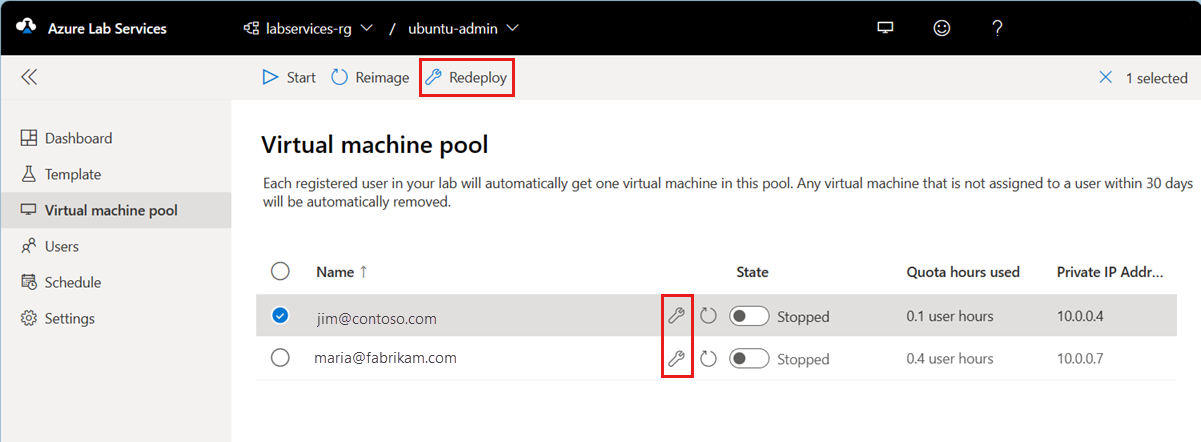 Capture d’écran montrant le pool de machines virtuelles dans le portail web Lab Services avec le bouton Redéployer mis en évidence.