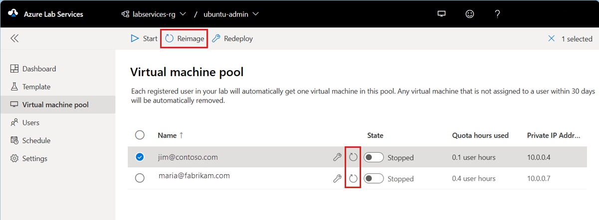 Capture d’écran montrant le pool de machines virtuelles dans le portail web Lab Services avec le bouton Réinitialiser mis en évidence.