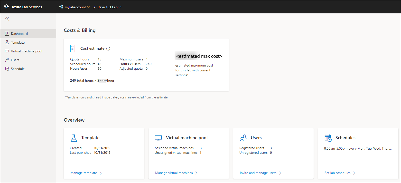 Capture d’écran montrant la vue du tableau de bord d’un labo dans Azure Lab Services