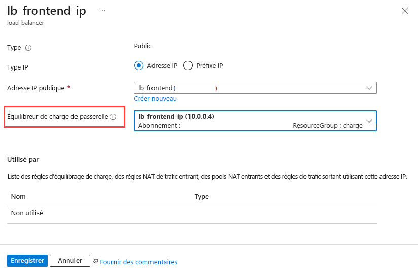 Capture d’écran de l’ajout de l’équilibrage de charge de la passerelle à l’adresse IP frontale.