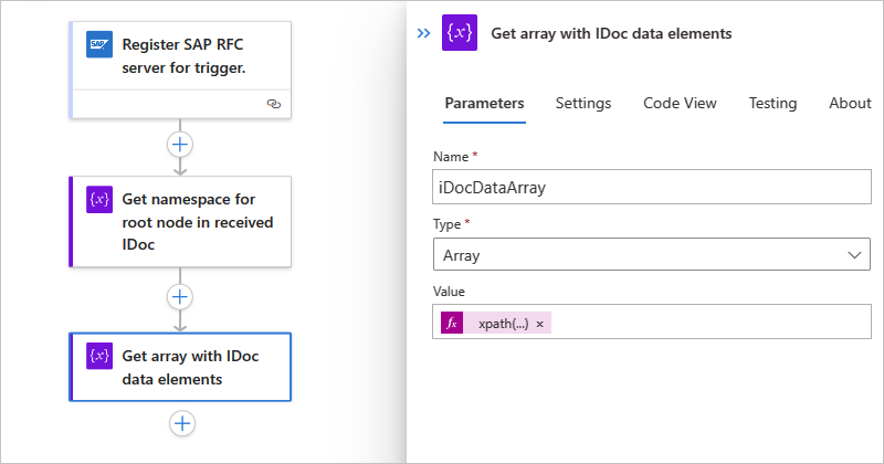 Capture d’écran montrant l’expression pour obtenir un tableau d’IDocs pour un workflow Standard.